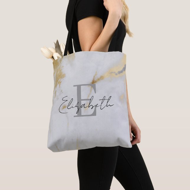 Bolsa Tote Monograma Dourado Mármore Cinza (Close Up)