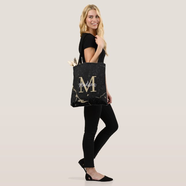 Bolsa Tote Monograma Dourado Mármore Negro Moderno (No(a) Modelo)