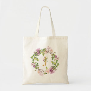 Bolsa Tote Monograma Dourado moderno J Watercolor Wreath Flor