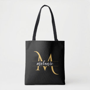 Bolsa Tote Monograma Dourado Personalizado a Preto Elegante