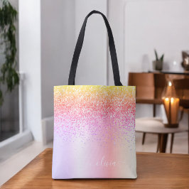 Bolsa Tote Monograma dourado roxo rosa pastel arco-íris brilh