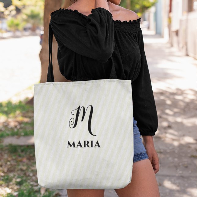 Bolsa Tote Monograma Dourado Simples Personalizado (Simple monogram gold striped tote bag)