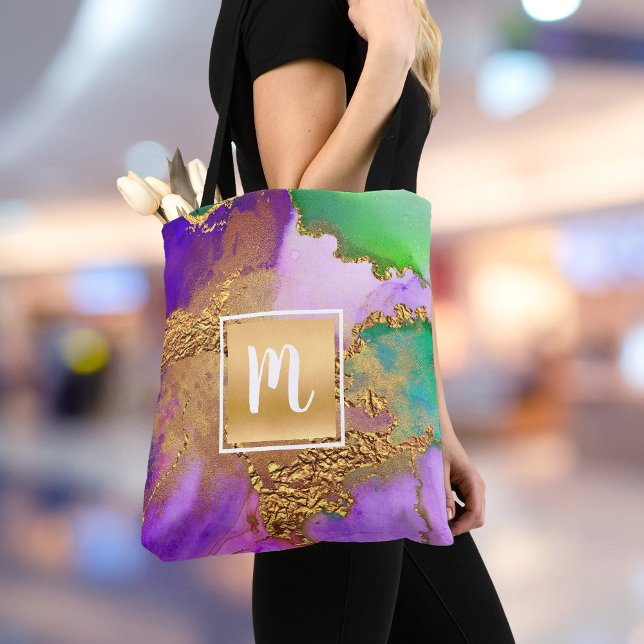 Bolsa Tote Monograma Dourado verde aqua marble (Criador carregado)