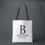 Bolsa Tote Monograma e nome da Elegante Personalizada Bridesm<br><div class="desc">Donativos Personalizados Elegantes de Bridesmaid que apresentam monograma, nome e título personalizados da bridesmaid no estilo clássico da fonte serif. Também perfeito para madrinha de casamento, florista, mãe da noiva e muito mais.</div>