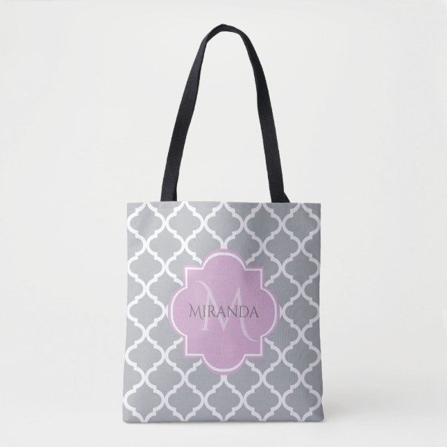 Bolsa Tote Monograma e Nome da Lavanda de Quatrefoil para Cin (Frente)
