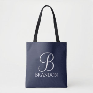 Bolsa Tote Monograma e Nome de Script Personalizado Azul-mari