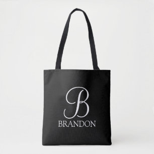Bolsa Tote Monograma e Nome de Script Personalizado Preto
