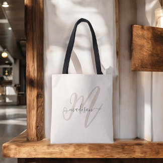 Bolsa Tote Monograma e nome do script Boho Na moda em bege