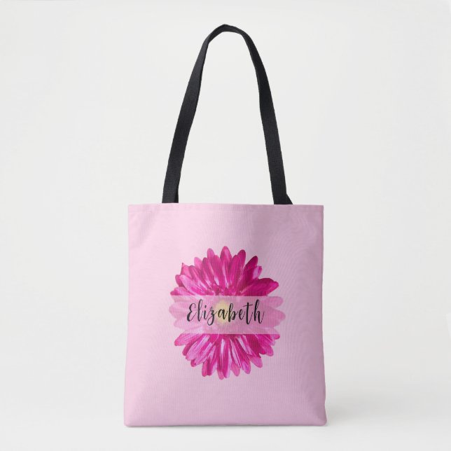 Bolsa Tote Monograma e nome personalizado de margarida rosa q (Frente)