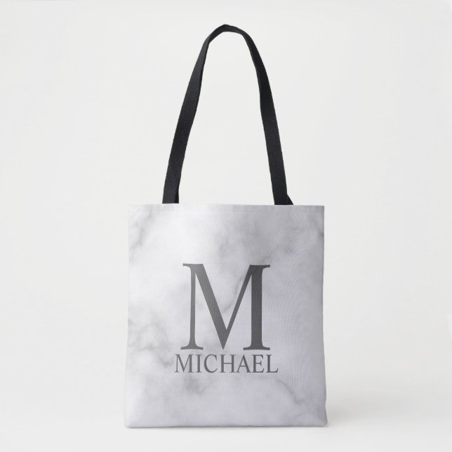 Bolsa Tote Monograma e Nome Personalizados do Marble Branco (Frente)