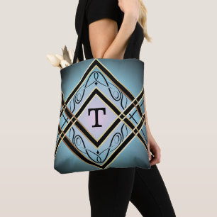 Bolsa Tote Monograma Elegante Azul Deco de Arte Moderna