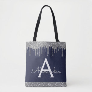 Bolsa Tote Monograma Elegante Brilho Azul Marinho Prata