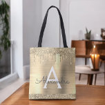 Bolsa Tote Monograma Elegante com brilho Dourado de luxo<br><div class="desc">Faux Sparkle Dourado de luxo e gotejando a folha de monograma elegante de folhas de aço inoxidável com brilho. Este Livro Bag pode ser personalizado para incluir seu nome inicial e próprio e ser dado como presente para o Natal, Sweet 16, 18, 21rua, 40º, 50º ou 60º aniversário, Chá de...</div>