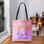 Bolsa Tote Monograma Elegante cor-de-rosa com brilho púrpura<br><div class="desc">Folheto do Ombre Faux, Dourado, rosa e púrpura, e esmagamento do livro monograma elegante de folhas de aço inoxidável com brilho. Este Livro Bag pode ser personalizado para incluir seu nome inicial e próprio e ser dado como presente para o Natal, Sweet 16, 18, 21rua, 40º, 50º ou 60º aniversário,...</div>