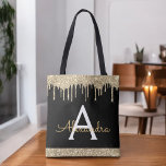 Bolsa Tote Monograma Elegante de Brilho Negro Dourado<br><div class="desc">Faux Sparkle Dourado de luxo e Black Faux e Glitter Elegant Monographic Bag. Este Livro Bag pode ser personalizado para incluir seu nome inicial e próprio e ser dado como presente para o Natal,  Doce 16 Aniversário,  Chá de panela ou Casamento.</div>