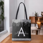 Bolsa Tote Monograma Elegante de brilho preto prateado<br><div class="desc">Silver de luxo e Faaux faíscas negras e Bag do Monograma Elegante Luminoso. Este Livro Bag pode ser personalizado para incluir seu nome inicial e próprio e ser dado como presente para o Natal,  Doce 16 Aniversário,  Chá de panela ou Casamento.</div>