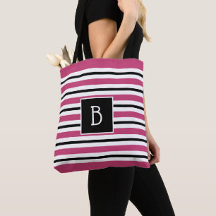 Bolsa Tote Monograma Elegante em Listras Rosa, Preto e Branco