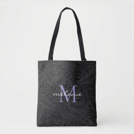 Bolsa Tote Monograma Elegante em Preto com Floral Lavanda em 
