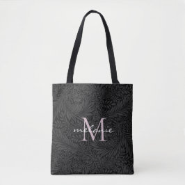 Bolsa Tote Monograma Elegante Preto Floral Rosa com Letra de 