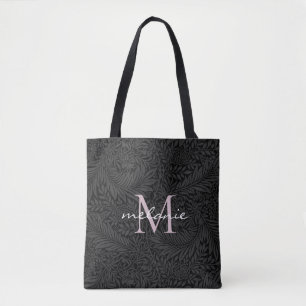 Bolsa Tote Monograma Elegante Preto Floral Rosa com Letra de