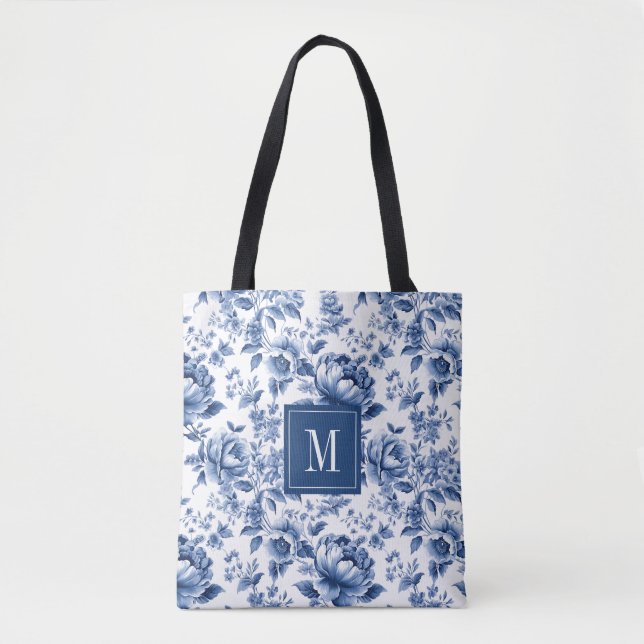 Bolsa Tote Monograma Elegante Vintage Azul Padrão Floral Bran (Frente)