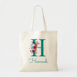 Bolsa Tote Monograma em Letra H com Fonte Floral em Verde Azu