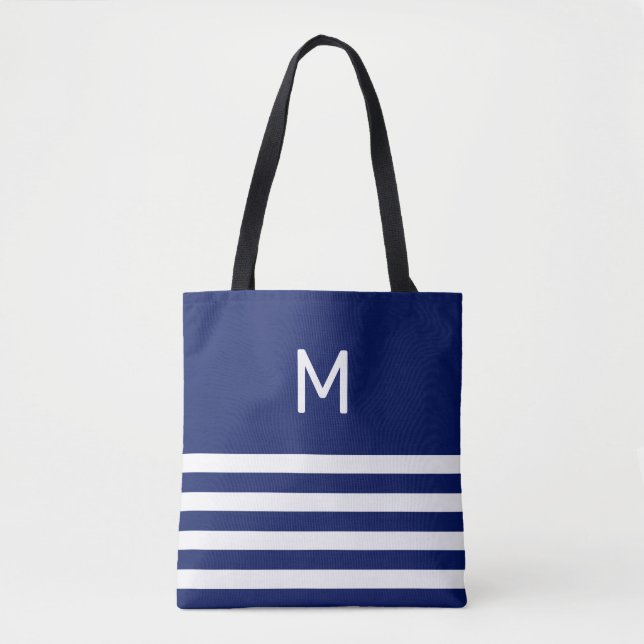 Bolsa Tote Monograma em Listras Azuis e Brancas (Frente)