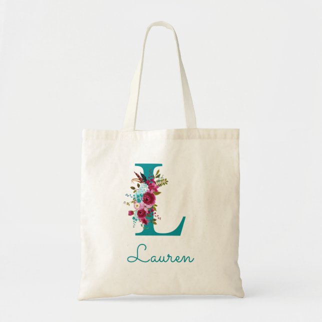 Bolsa Tote Monograma em Script com Letra L Floral Verde Azul  (Frente)