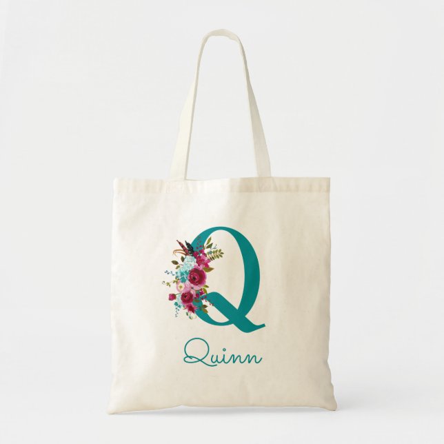 Bolsa Tote Monograma em Script de Letra Q Floral Rosa Azul Tu (Frente)