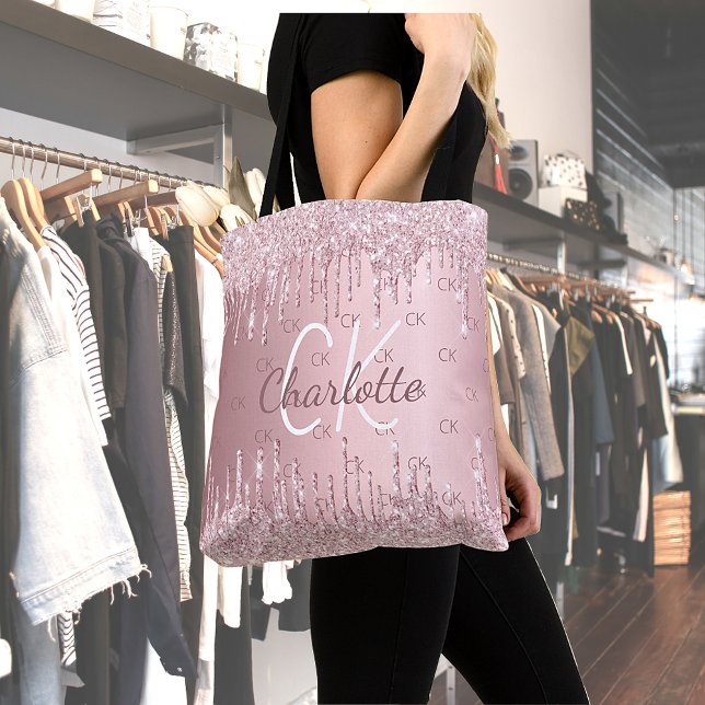 Bolsa Tote Monograma em script elegante com brilho rosa pinga (Criador carregado)