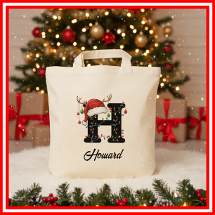 Bolsa Tote Monograma Família Natal Chifre Chapéu do Papai Noe