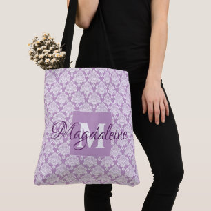 Bolsa Tote Monograma feminino & nome do damasco bonito da