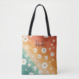 Bolsa Tote Monograma Floral Arco-Íris Retro Daisy
