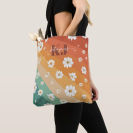 Bolsa Tote Monograma Floral Arco-Íris Retro Daisy
