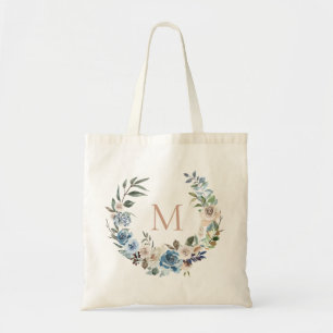 Bolsa Tote Monograma floral azul empoeirado da grinalda