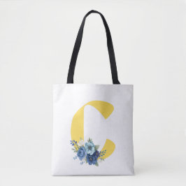 Bolsa Tote Monograma Floral Azul Empoeirado de Aniversário In