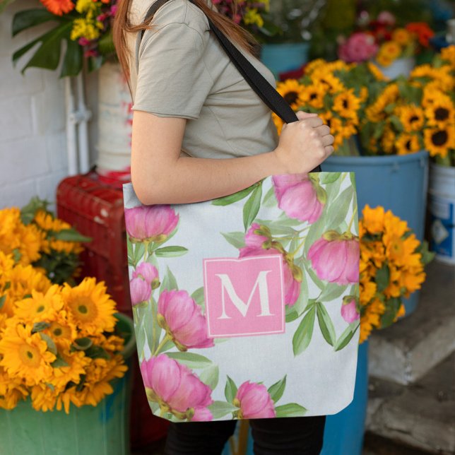 Bolsa Tote Monograma Floral Bonito Rosa Personalizado (Criador carregado)