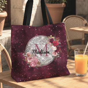 Bolsa Tote Monograma floral bordô em brilho prateado chique f