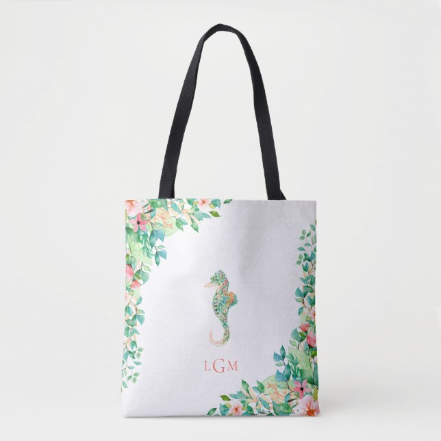 Bolsa Tote Monograma floral botânico do cavalo marinho (Frente)