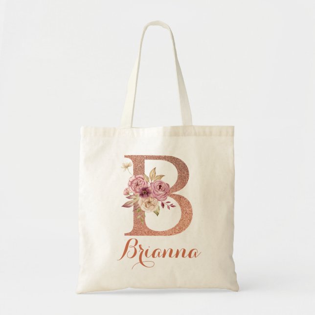 Bolsa Tote Monograma Floral com Brilho Rosa Blush Letra B  (Frente)