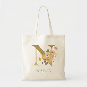 Bolsa Tote Monograma Floral com Letra Dourada N em