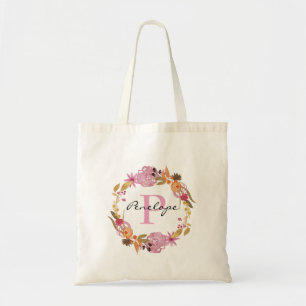 Bolsa Tote Monograma floral cor-de-rosa bonito da grinalda