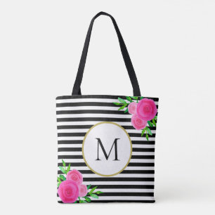 Bolsa Tote Monograma Floral Cor-de-Rosa Na moda Preto