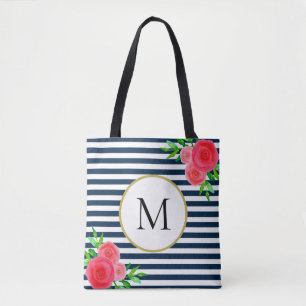 Bolsa Tote Monograma Floral Coral com Riscado Branco com Mari