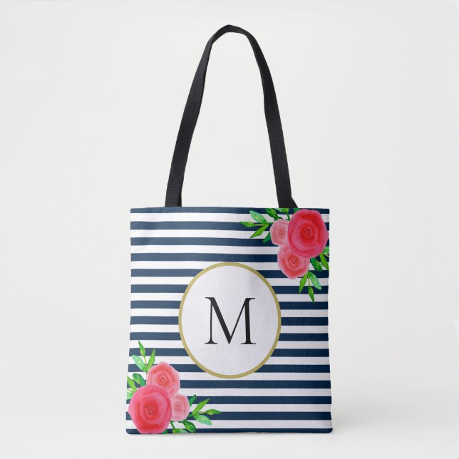 Bolsa Tote Monograma Floral Coral com Riscado Branco com Mari (Frente)
