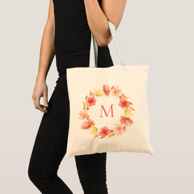 Bolsa Tote Monograma floral da grinalda da aguarela Wispy (Frente (produto))