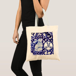 Bolsa Tote Monograma Floral de Aves do Coelho Branco Azul Ele