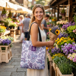Bolsa Tote Monograma Floral de Boho Roxo