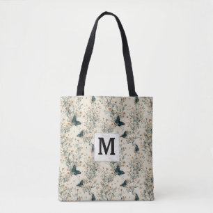 Bolsa Tote Monograma Floral de Borboleta Azul Vintage