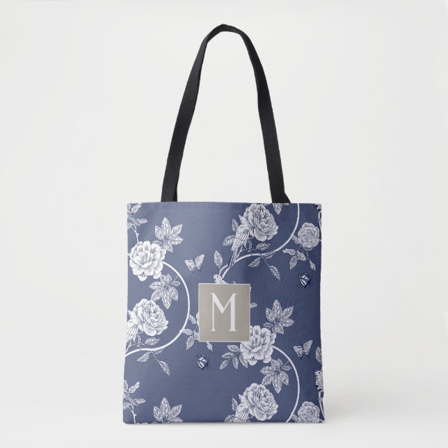 Bolsa Tote Monograma Floral de Chinoiserie Azul (Frente)